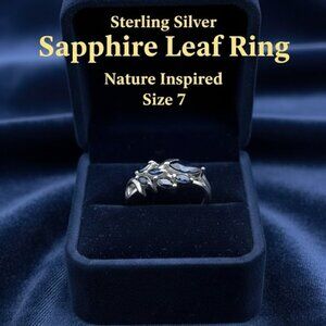 Sterling Silver Sapphire Leaf Ring, Size 7 Blue Sapphire Marquise Cluster